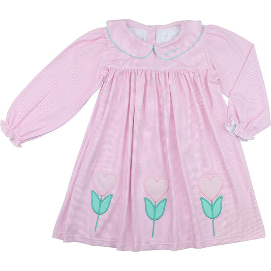 Pink Knit Gingham Applique Tulip Heart Dress  Eliza James Kids