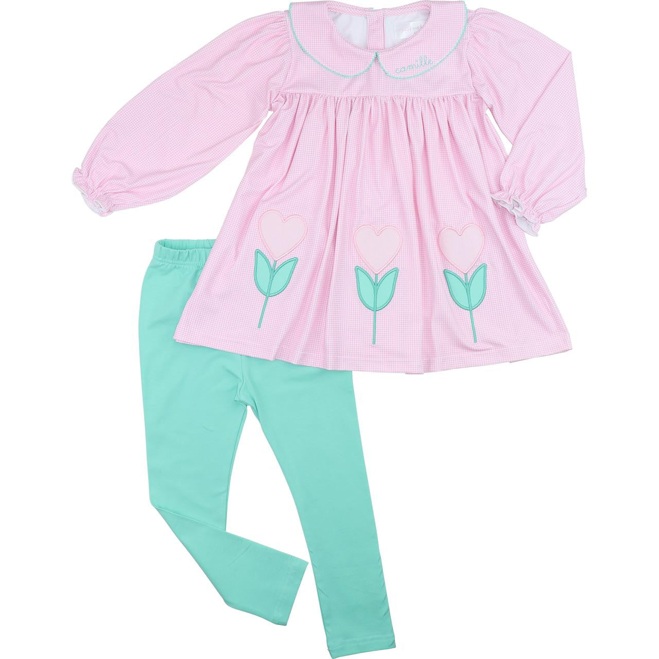 Pink Knit Gingham Applique Tulip Heart Legging Set  Eliza James Kids