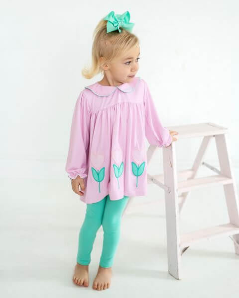 Pink Knit Gingham Applique Tulip Heart Legging Set  Eliza James Kids