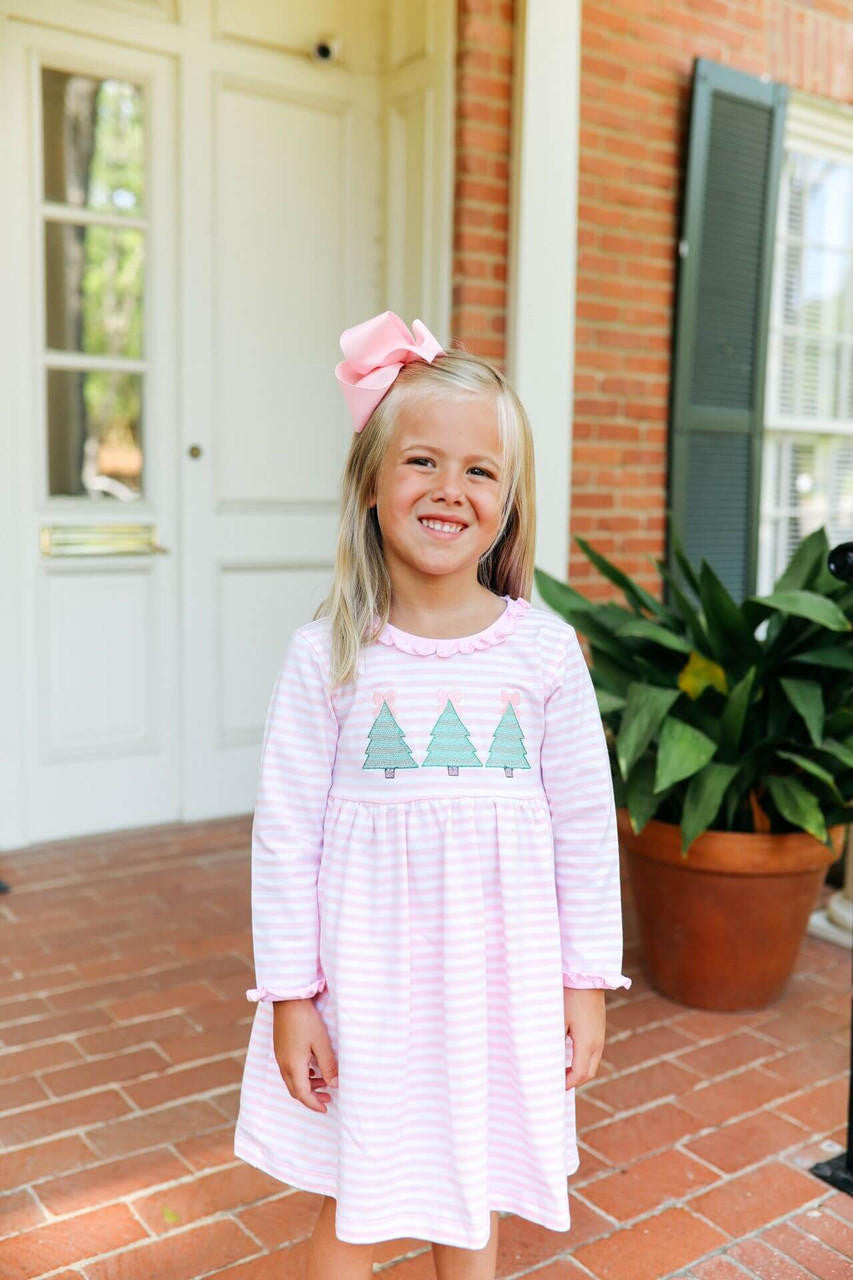 Pink Knit Stripe Christmas Tree Dress - Shipping Mid October  Smocked Threads