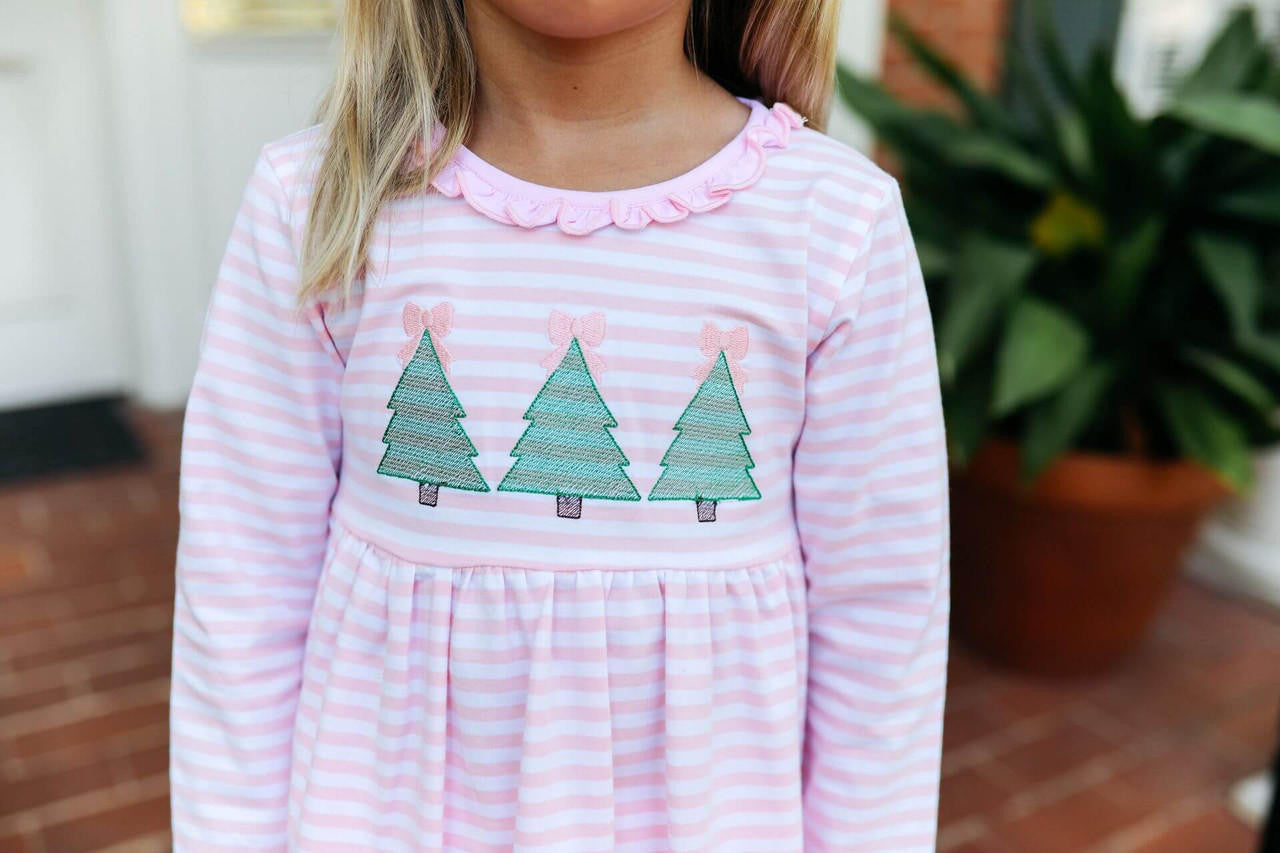 Pink Knit Stripe Christmas Tree Dress - Shipping Mid October  Smocked Threads