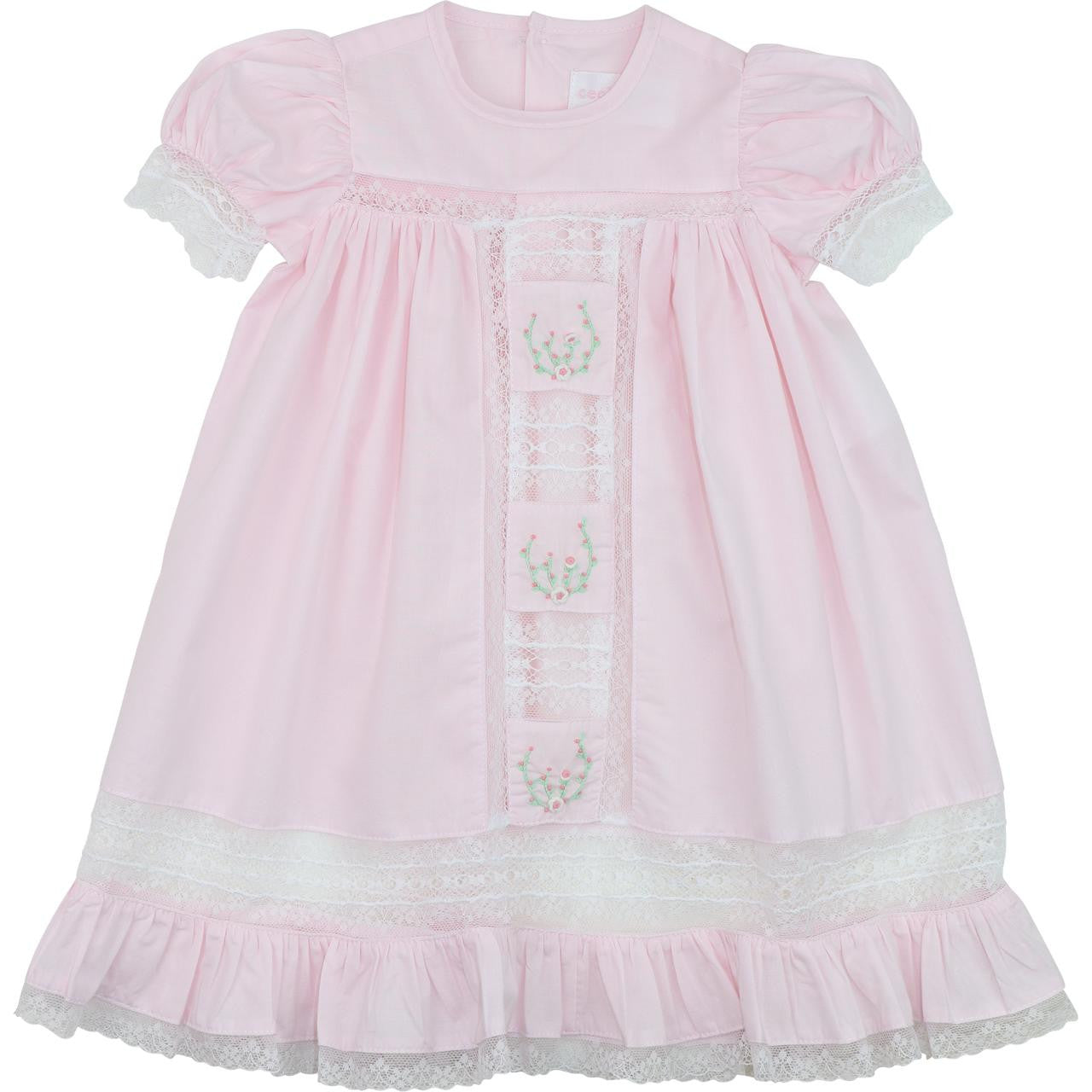 Pink Lace Embroidered Knot Stitch Rosebud Gown  Smocked Threads