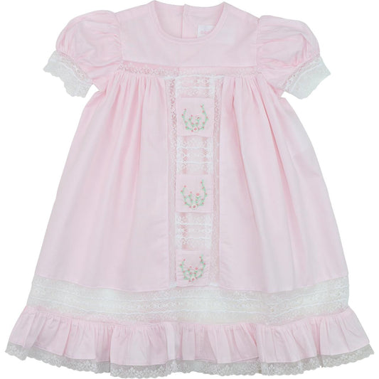 Pink Lace Embroidered Knot Stitch Rosebud Gown  Smocked Threads