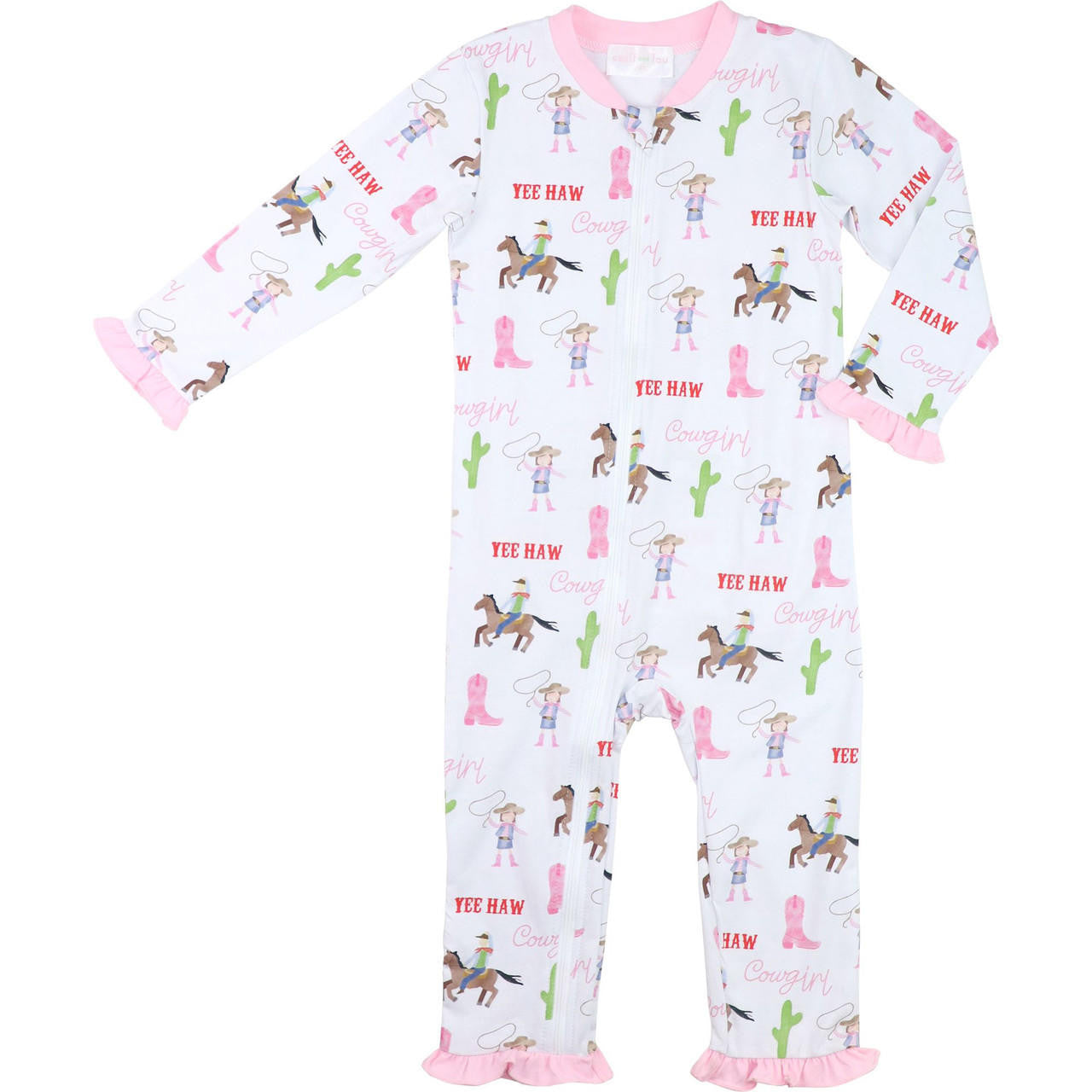 Pink Rodeo Print Knit Zipper Pajamas  Smocked Threads