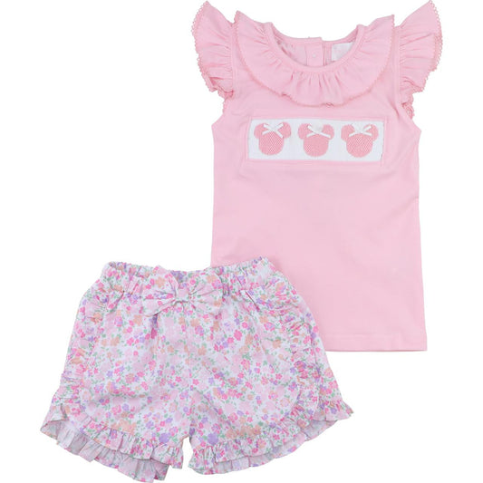 Pink Smocked Mouse Ears Floral Short Set  Smocked Threads