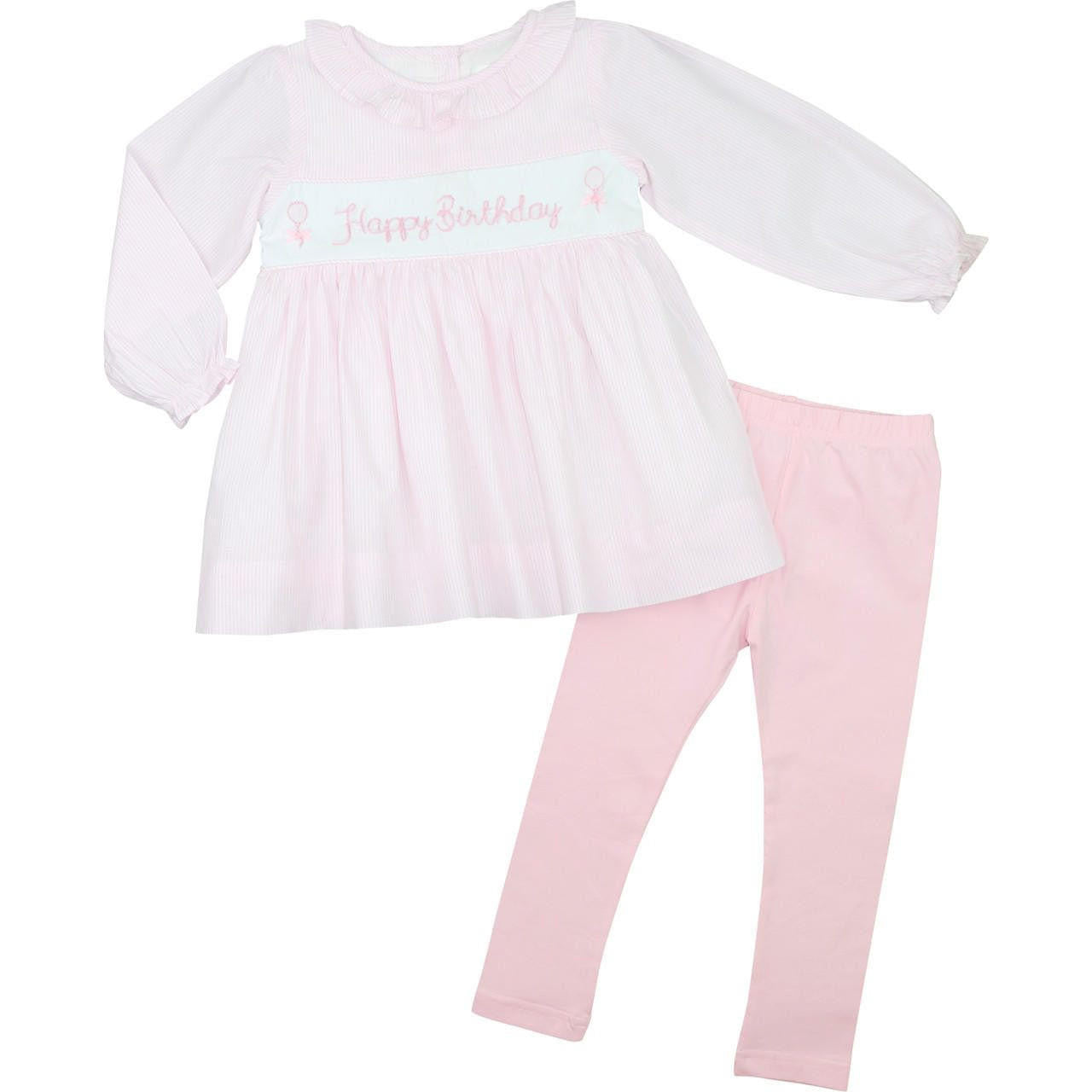 Pink Stripe Embroidered Happy Birthday Legging Set  Smocked Threads