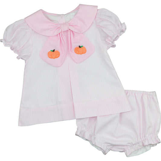 Pink Stripe Embroidered Pumpkin Diaper Set Smocked Threads