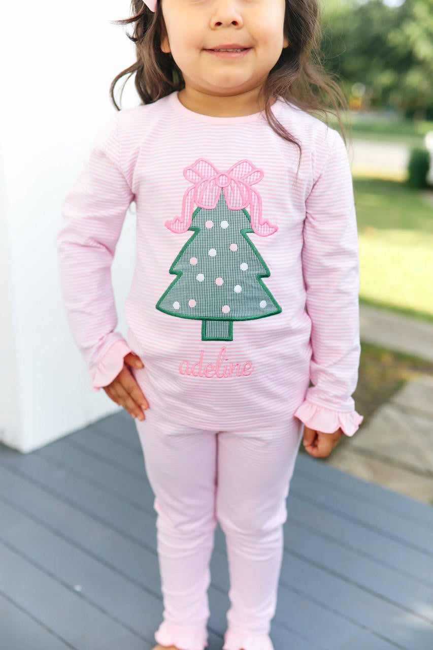 Pink Stripe Knit Christmas Tree Pajamas - Shipping Mid October  Monogram