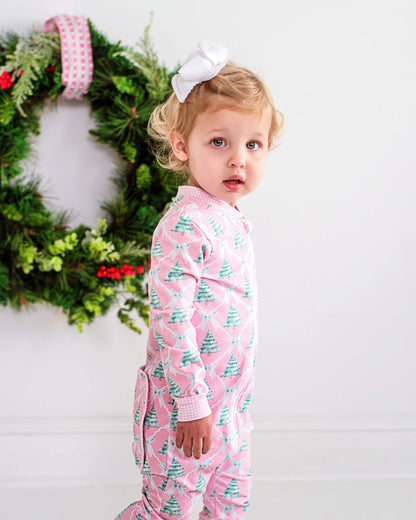 Pink And Green Bow And Christmas Tree Knit Zipper Pajamas