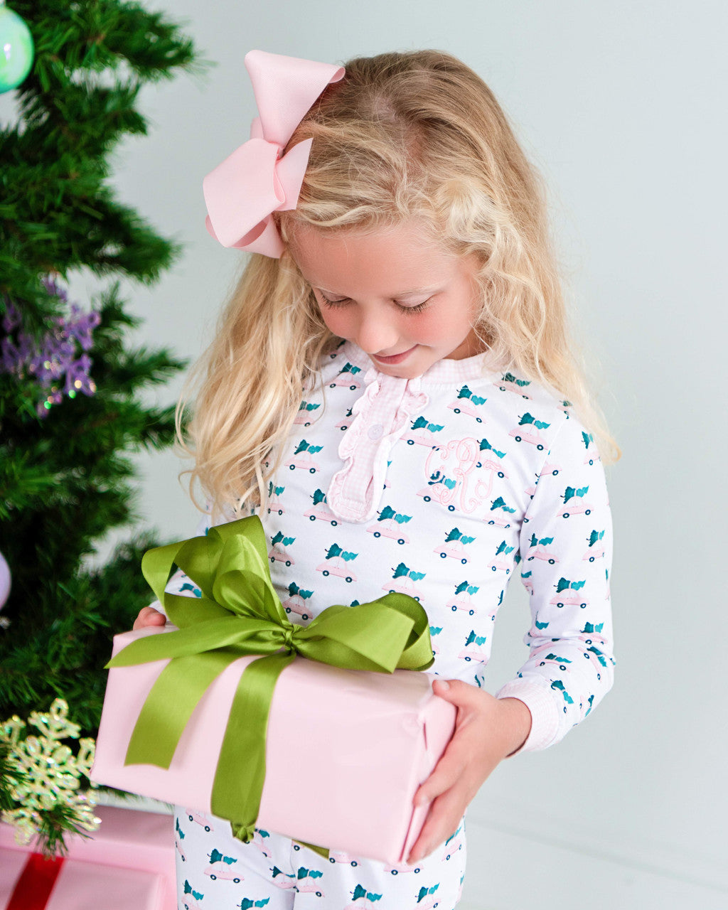 Pink Car And Christmas Tree Knit Pajamas