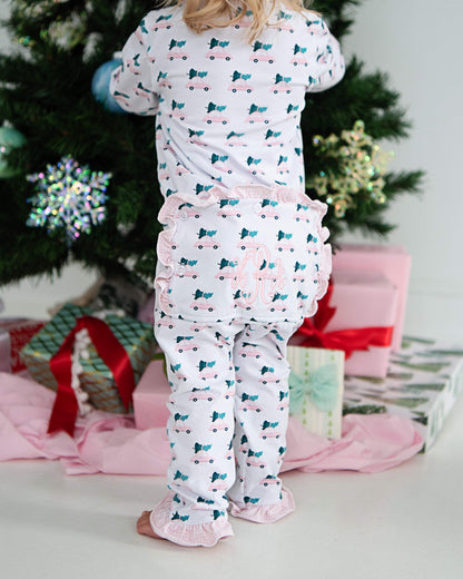 Pink Car And Christmas Tree Knit Zipper Pajamas