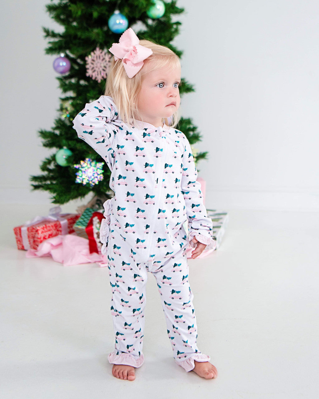 Pink Car And Christmas Tree Knit Zipper Pajamas