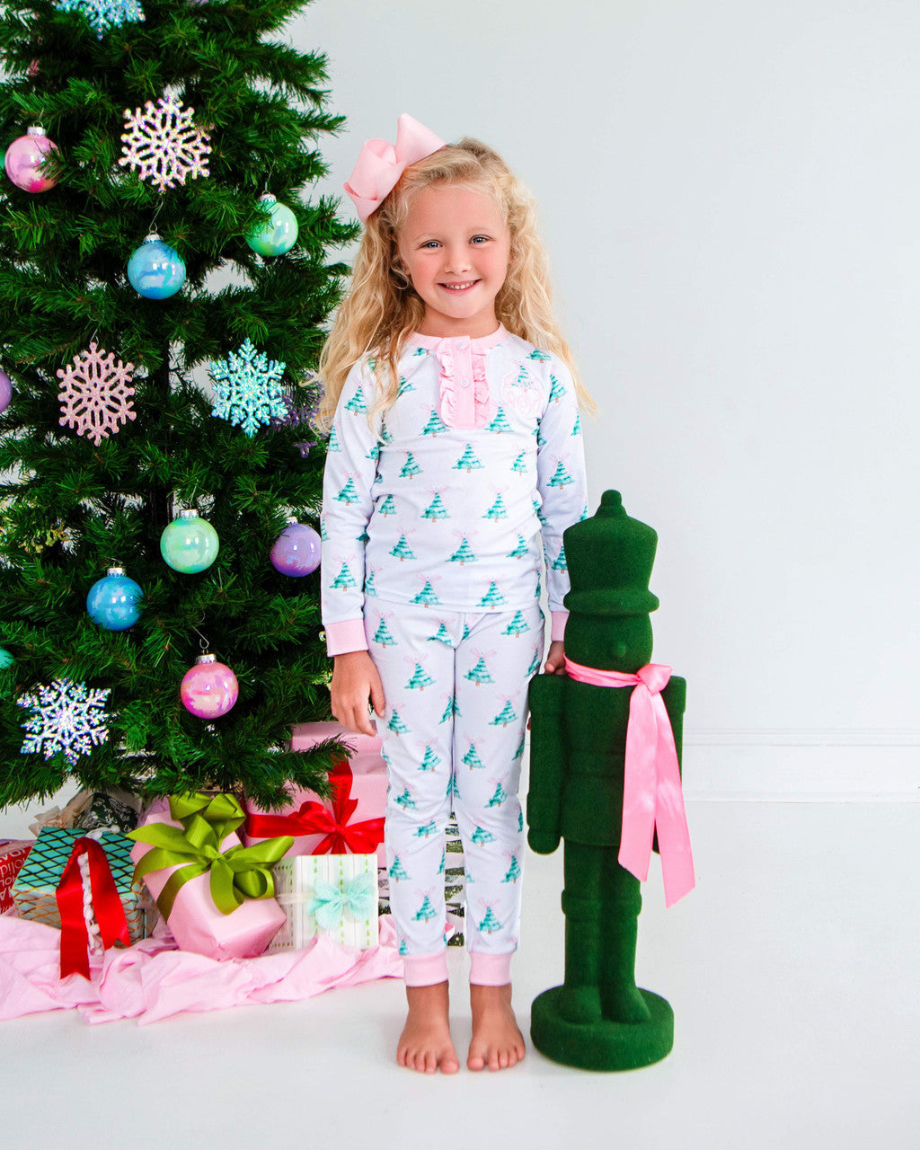 Pink And Green Christmas Tree Knit Pajamas