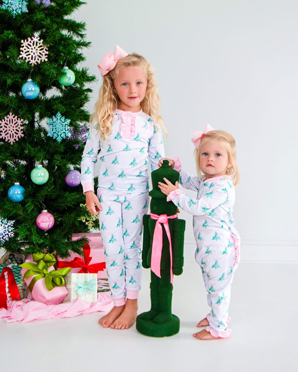 Pink And Green Christmas Tree Knit Zipper Pajamas