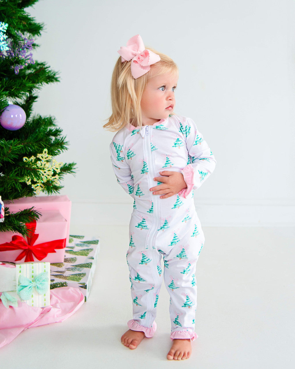 Pink And Green Christmas Tree Knit Zipper Pajamas