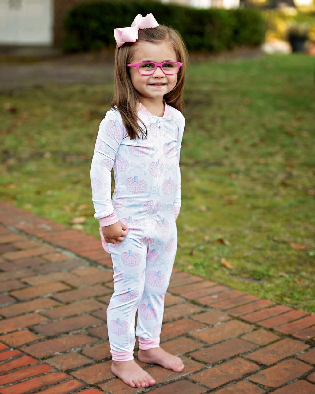 Pink Pumpkin And Bow Knit Zipper Pajamas