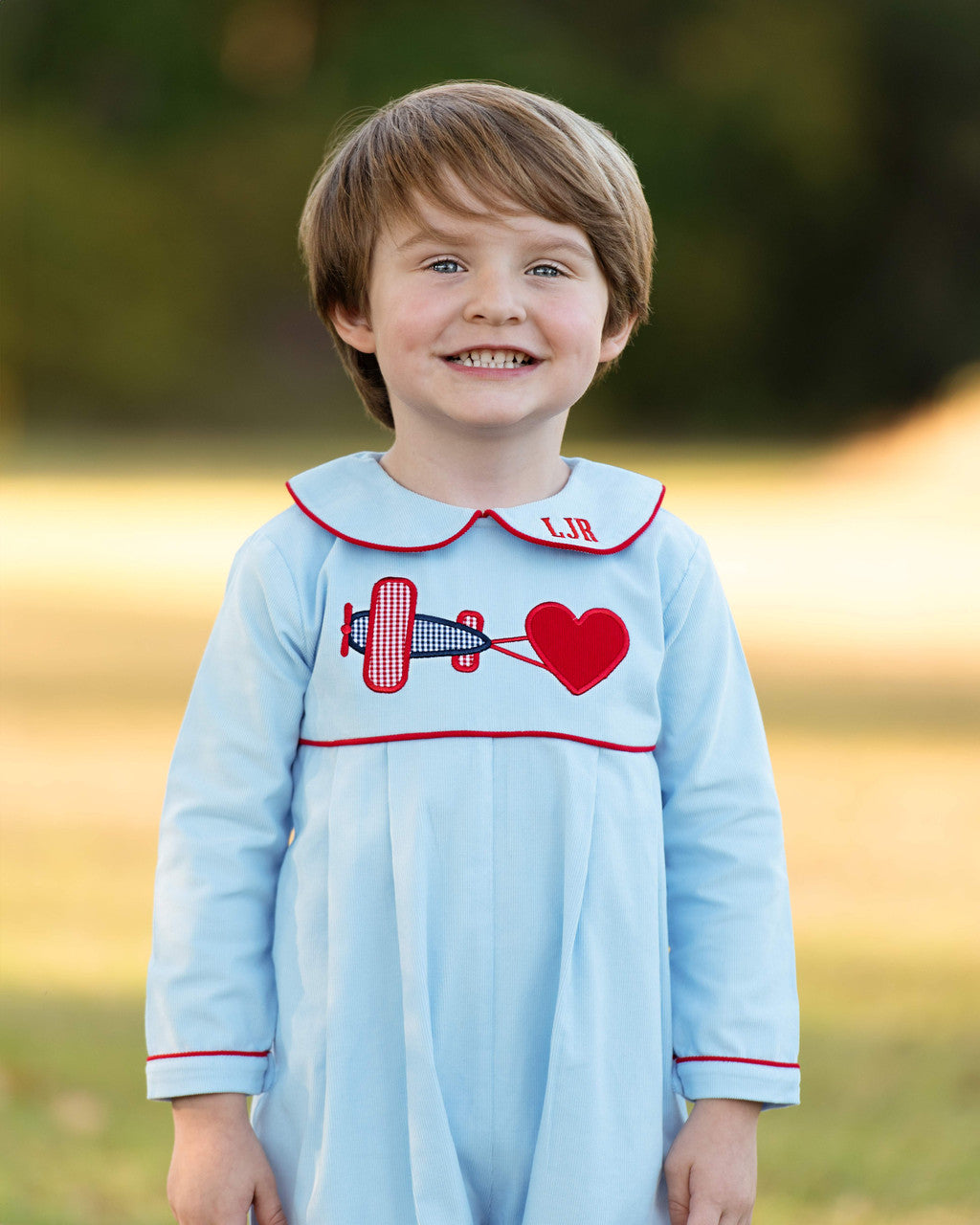 Blue Corduroy Applique Valentine Airplane Long Romper