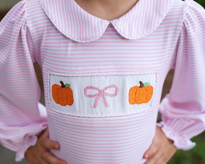 Pink Knit Stripe Smocked Pumpkin And Bow Shirt