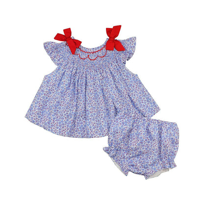 Blue And Red Mini Floral Smocked Diaper Set