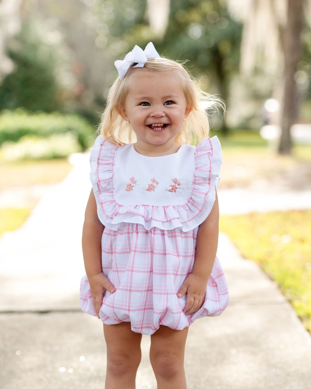 Pink Plaid Embroidered Bunny Bubble