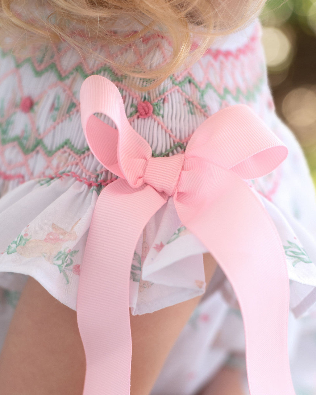 Pink And Green Smocked Bunny Bow Bubble