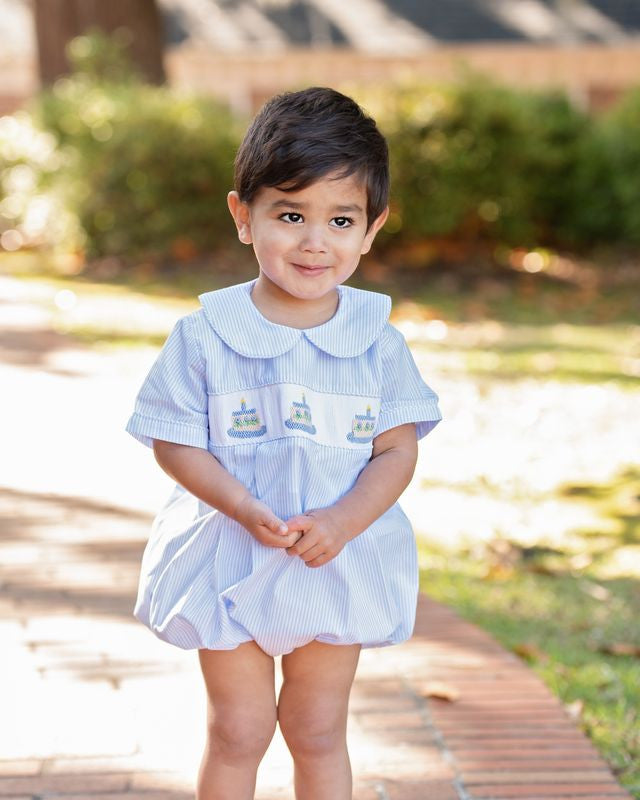 Blue Stripe Smocked Birthday Cake Bubble