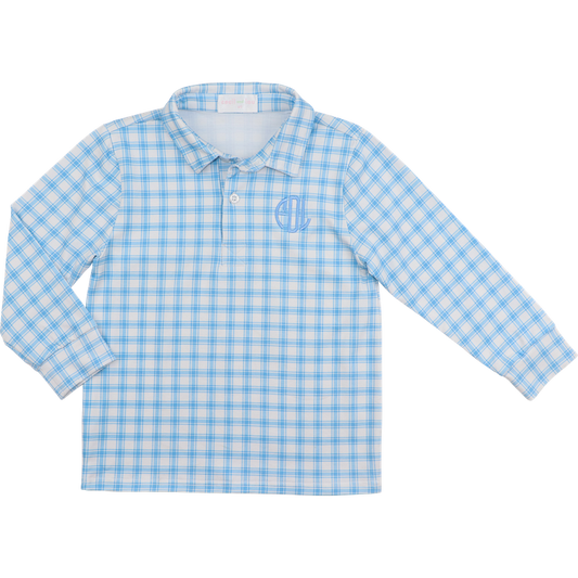 Blue And White Plaid Knit Polo Shirt