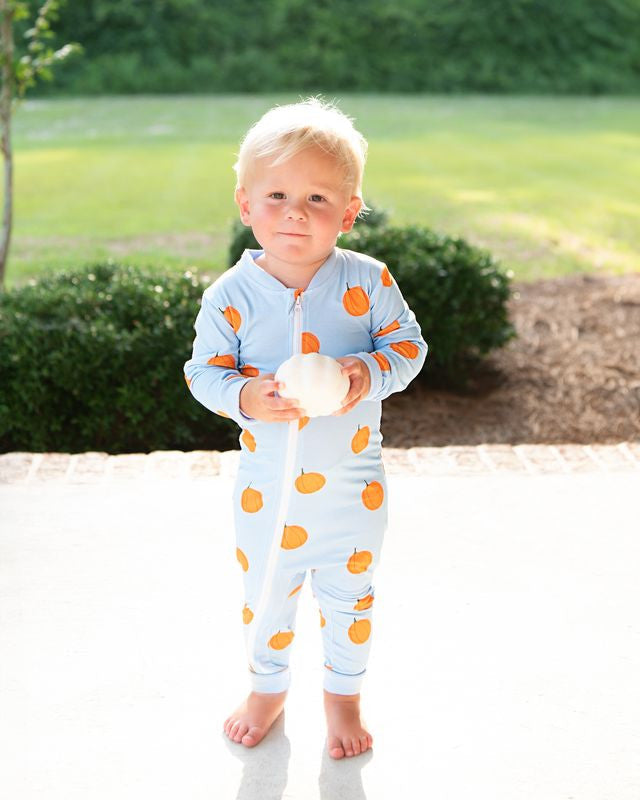 Blue Knit Pumpkin Print Zipper Pajamas