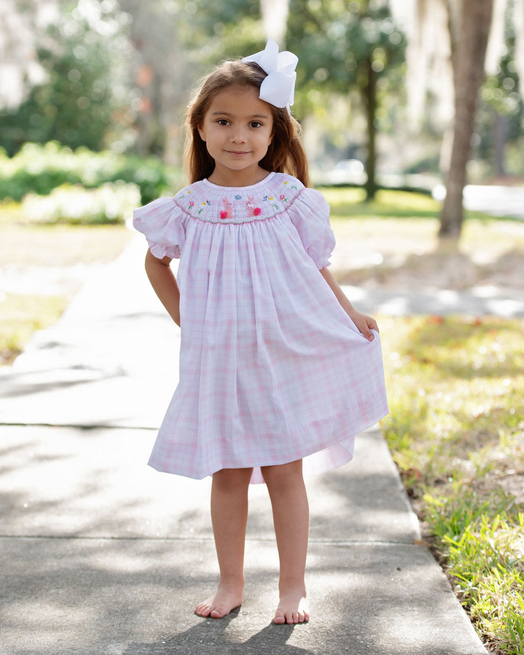 Pink Plaid Smocked Bunny And Flower Dress