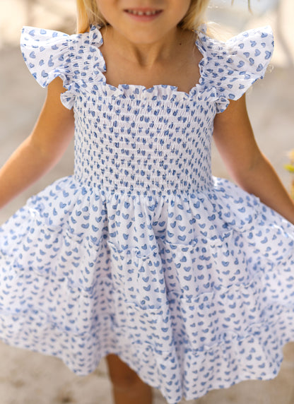 Blue Heart Print Smocked Dress