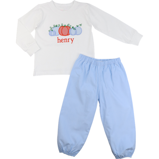 Blue Corduroy Applique Pumpkins Pant Set