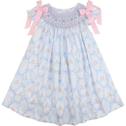 Blue And Pink Rose And Bow Smocked Dress