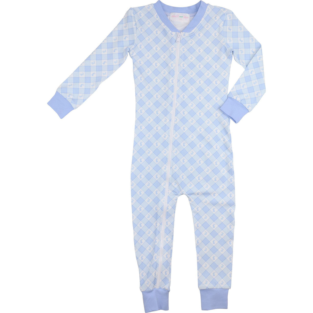 Blue Check Bunny And Bow Knit Zipper Pajamas