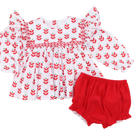 Holiday Block Print Smocked Diaper Set