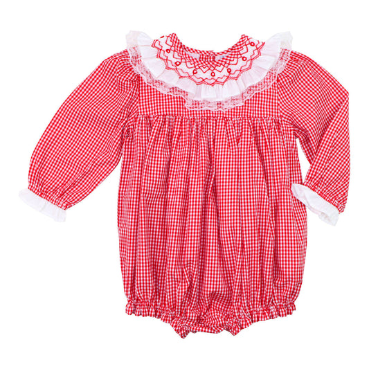 Red Gingham Smocked Ruffle Collar Bubble