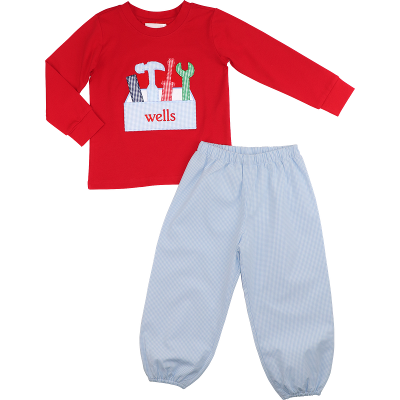 Red Knit Applique Tool Box Pant Set