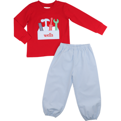 Red Knit Applique Tool Box Pant Set