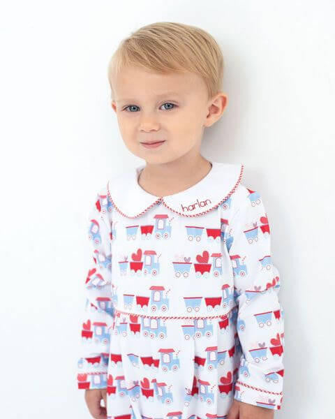 Red And Blue Valentine Train Knit Long Romper  Eliza James Kids