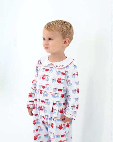 Red And Blue Valentine Train Knit Long Romper  Eliza James Kids