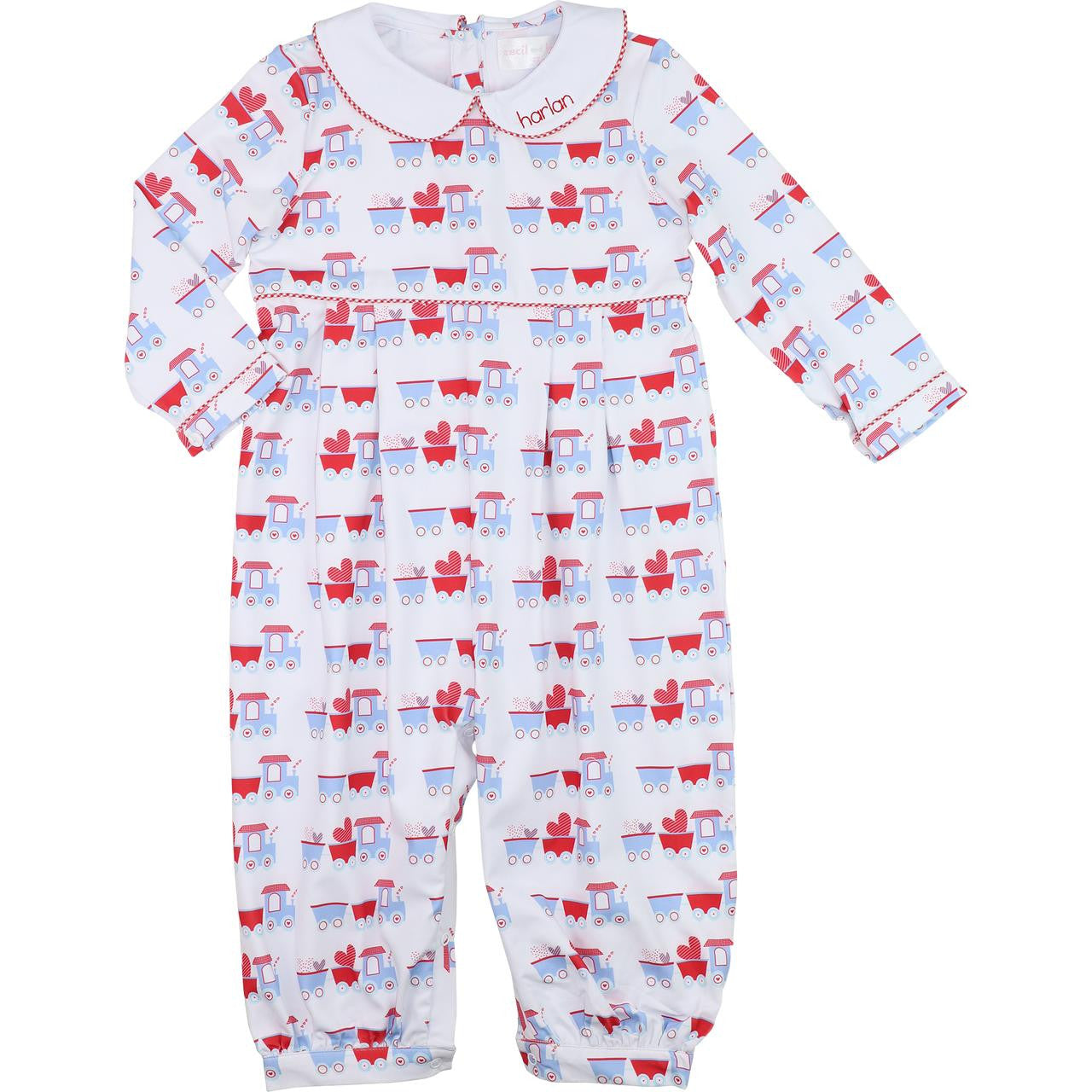 Red And Blue Valentine Train Knit Long Romper  Eliza James Kids