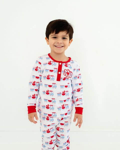 Red And Blue Valentine Train Knit Pajamas  Eliza James Kids