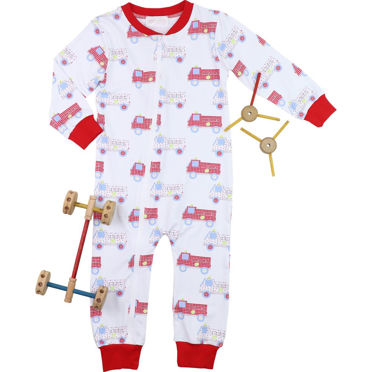 Red And White Knit Firetruck Zipper Pajamas  Smocked Threads