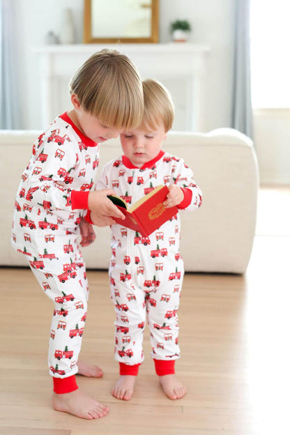 Red Christmas Firetruck Knit Pajamas - Shipping Early November  Smocked Threads