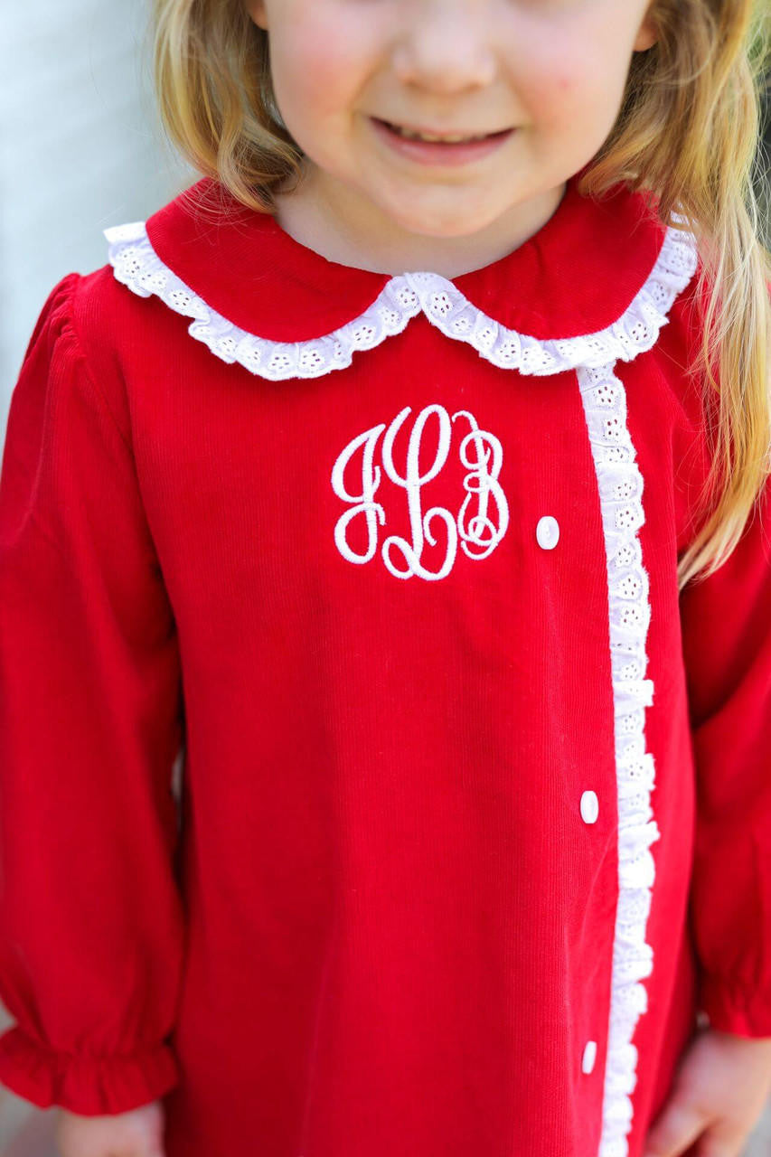 Red Corduroy Eyelet Dress - Shipping Early November  Monogram