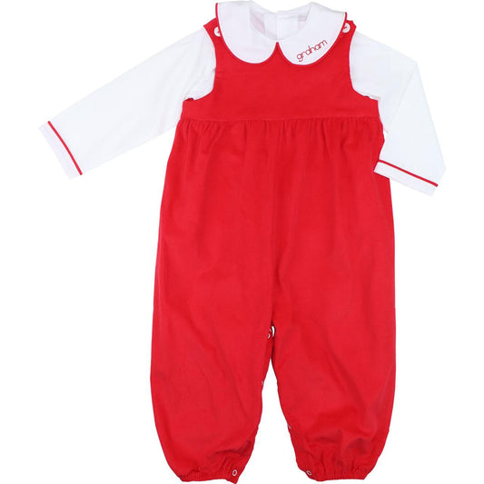 Red Corduroy Long Romper Set  Monogram