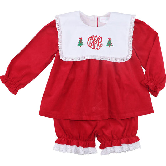 Red Corduroy Square Collar Bloomer Set - Shipping Early November  Monogram