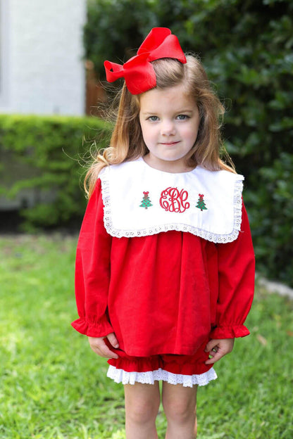 Red Corduroy Square Collar Bloomer Set - Shipping Early November  Monogram