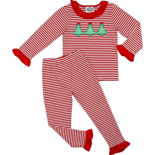 Red Knit Stripe Christmas Tree Ruffle Pajamas - Shipping Mid October  Smocked Threads