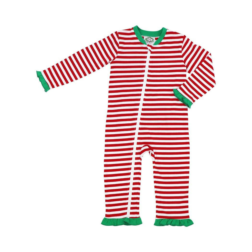 Red Knit Stripe Ruffle Zipper Pajamas - Shipping Mid October  Monogram