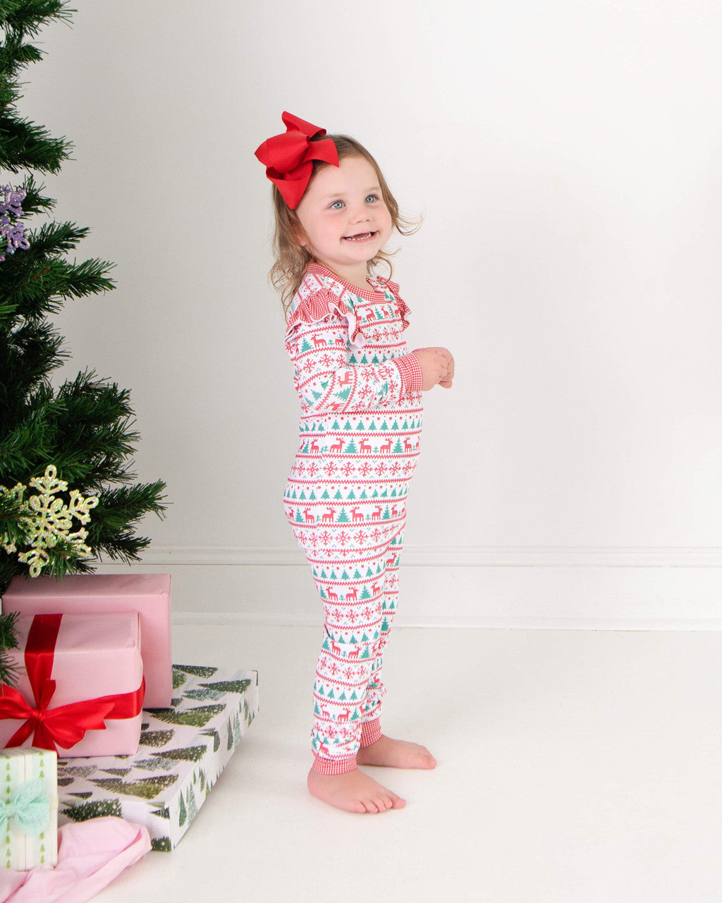 Red And Green Holiday Print Ruffle Knit Pajamas